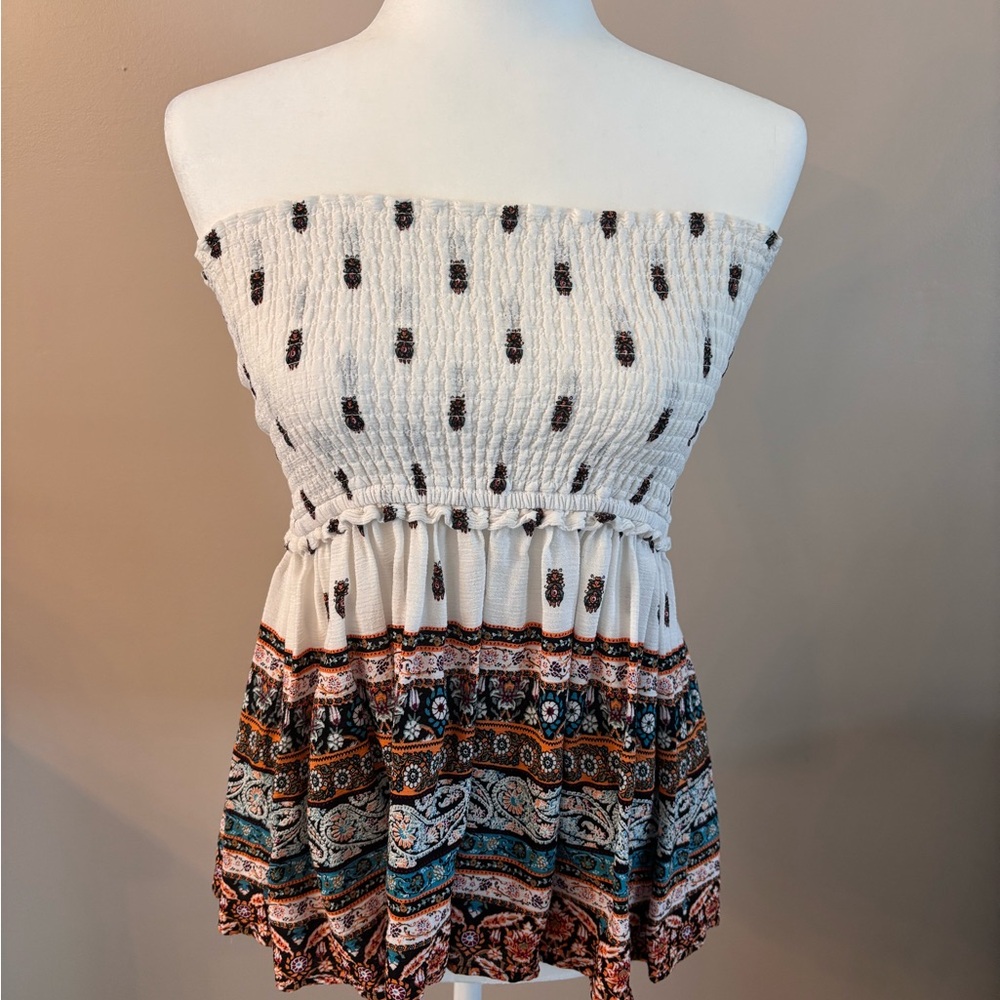 Iris Strapless Smocked Top - White and Multicolor